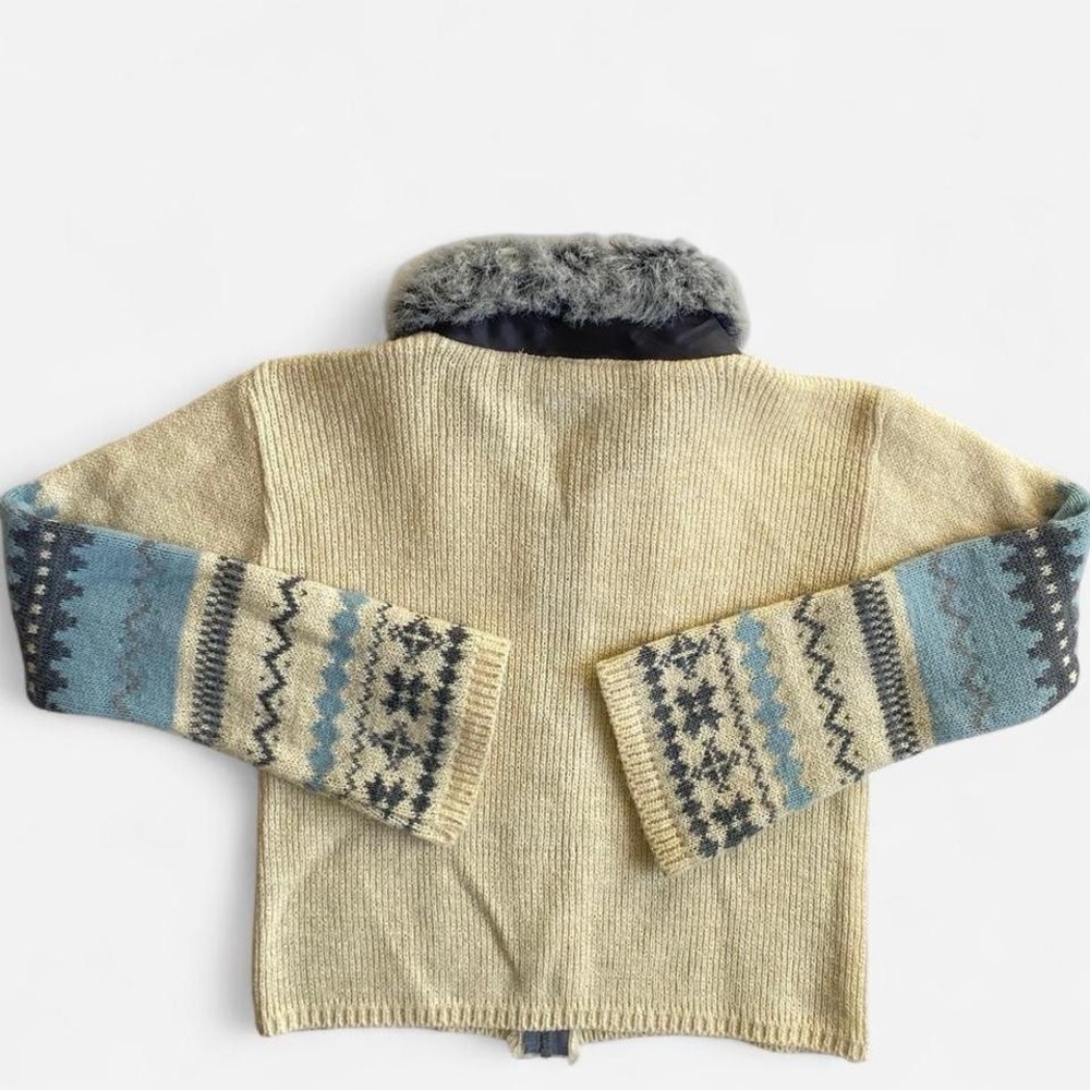 Vintage Y2K girls cream + blue fair isle zip up cardigan w/faux fur collar - Picture 2 of 7